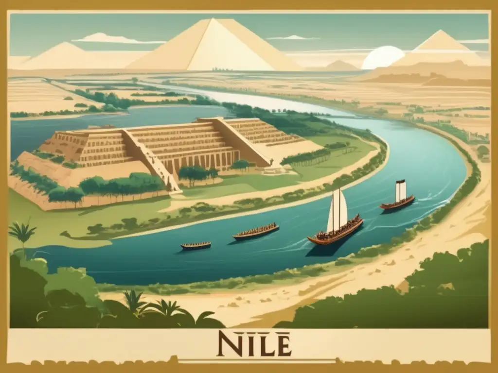 Una ilustración vintage que muestra el Nilo y su influencia en las estrategias de defensa del antiguo Egipto