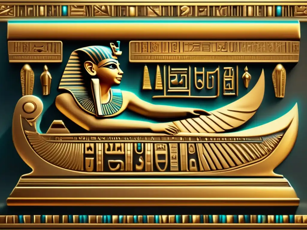 Una ilustración vintage de un sarcófago egipcio antiguo con textos jeroglíficos detallados y adornos de oro y joyas