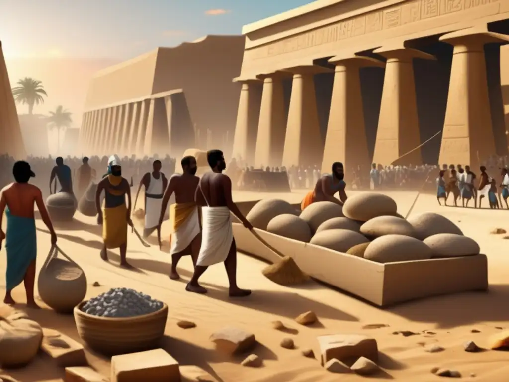 La imagen muestra el ajetreo de la construcción en el antiguo Egipto con esclavos y trabajadores desempeñando roles clave