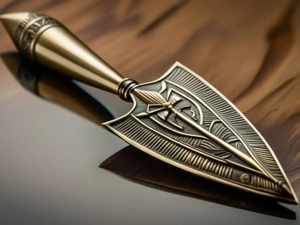 Una imagen en alta definición de una antigua punta de lanza egipcia, bellamente elaborada en bronce con grabados intrincados