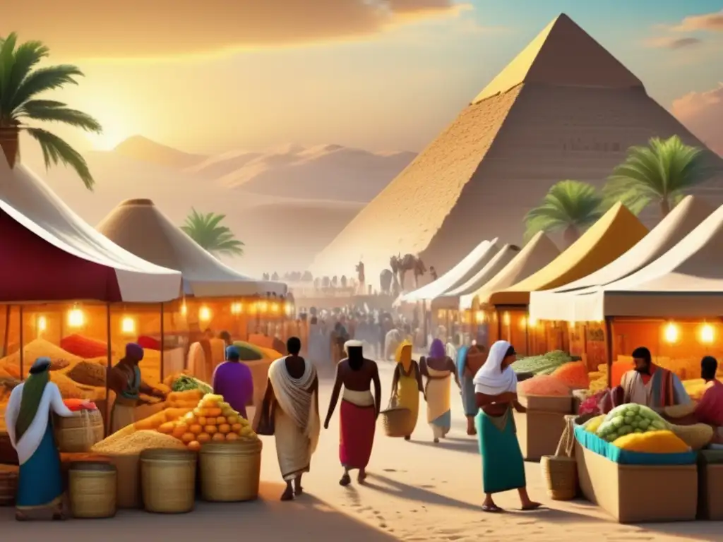 Una imagen en alta definición de un bullicioso mercado en el antiguo Egipto, con las pirámides y palmeras de fondo