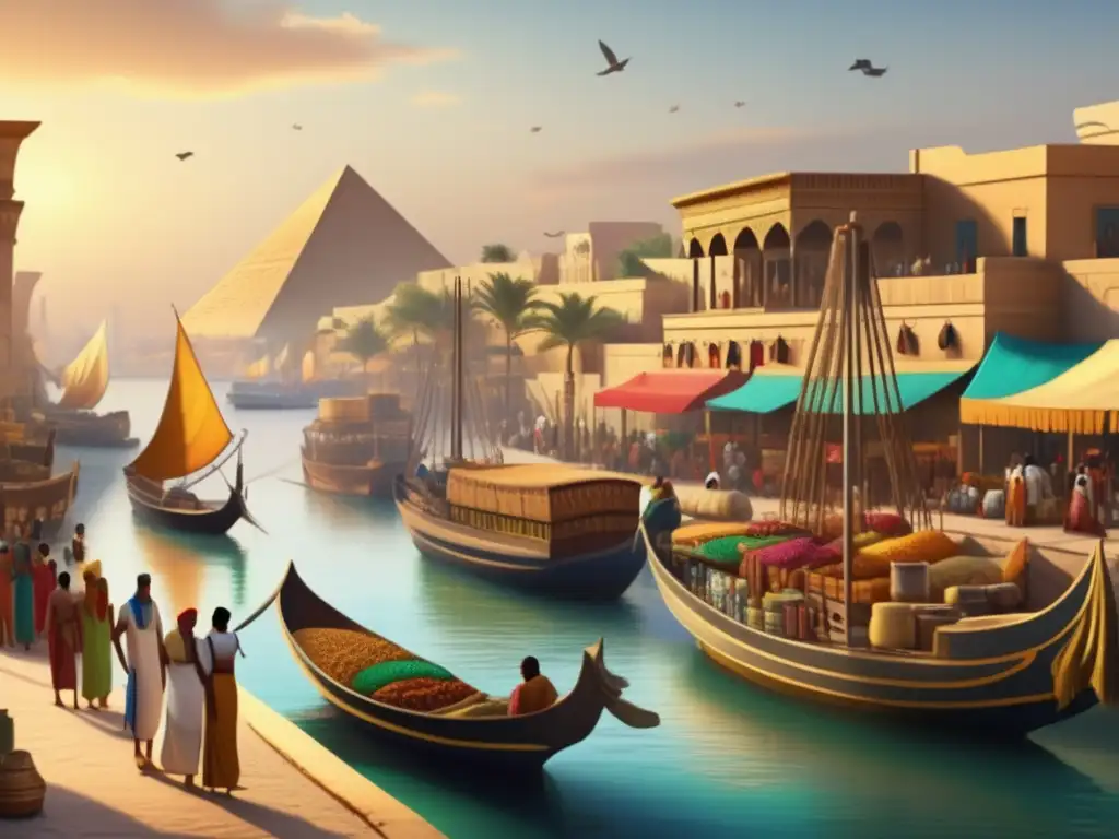 Una imagen en alta definición de un bullicioso puerto egipcio antiguo, muestra barcos atracados y una vibrante ruta comercial antiguo Egipto Punt