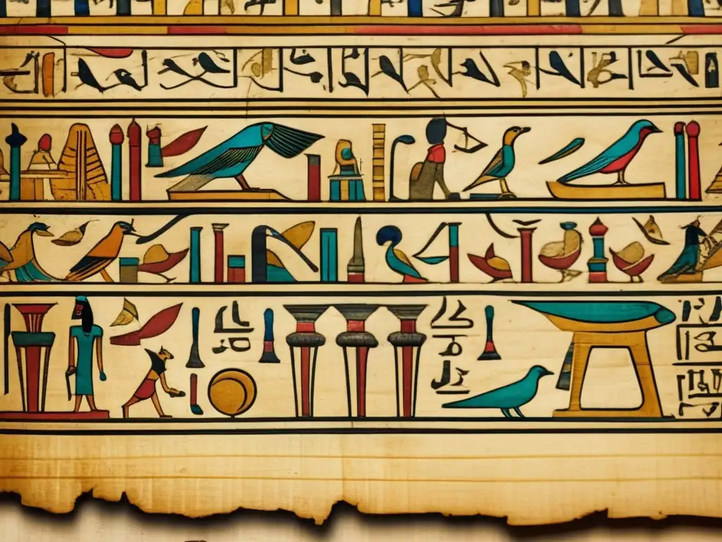 Una imagen de alta resolución que muestra de cerca un antiguo manuscrito egipcio, resaltando la composición y el uso de tintas