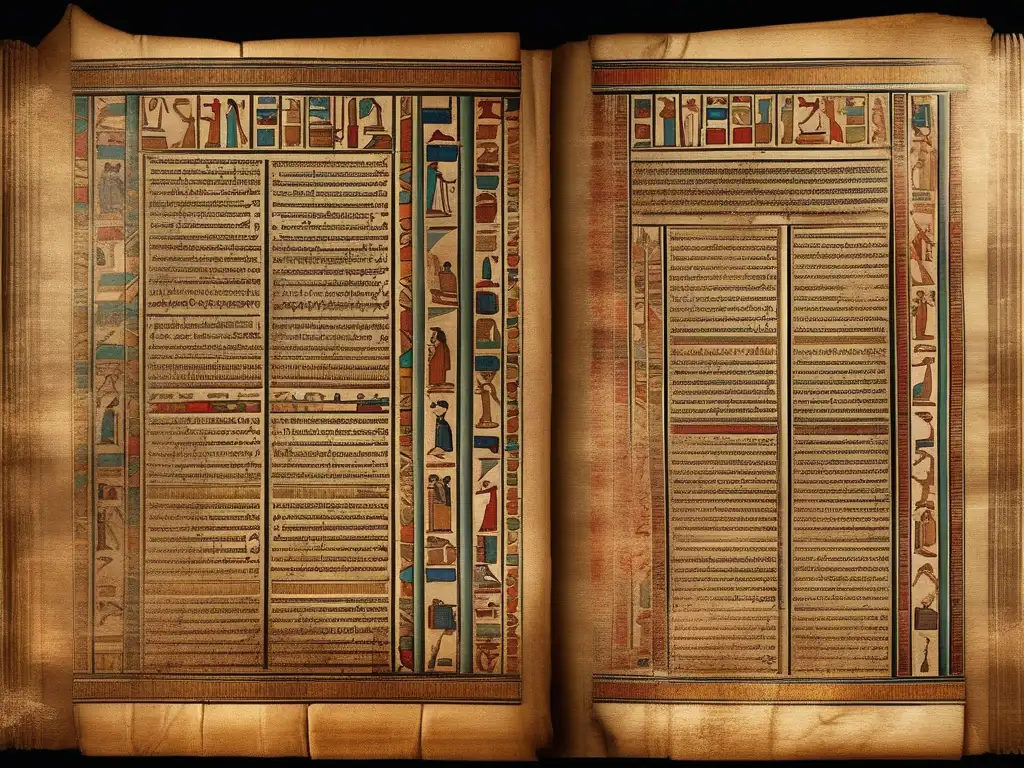 Una imagen de alta resolución que muestra un detallado manuscrito antiguo egipcio con caligrafía en hieroglíficos