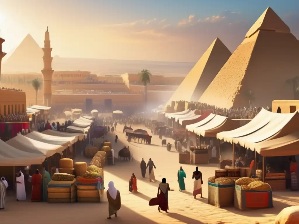 Una imagen de alta resolución que captura la esencia de un animado mercado en el antiguo Egipto