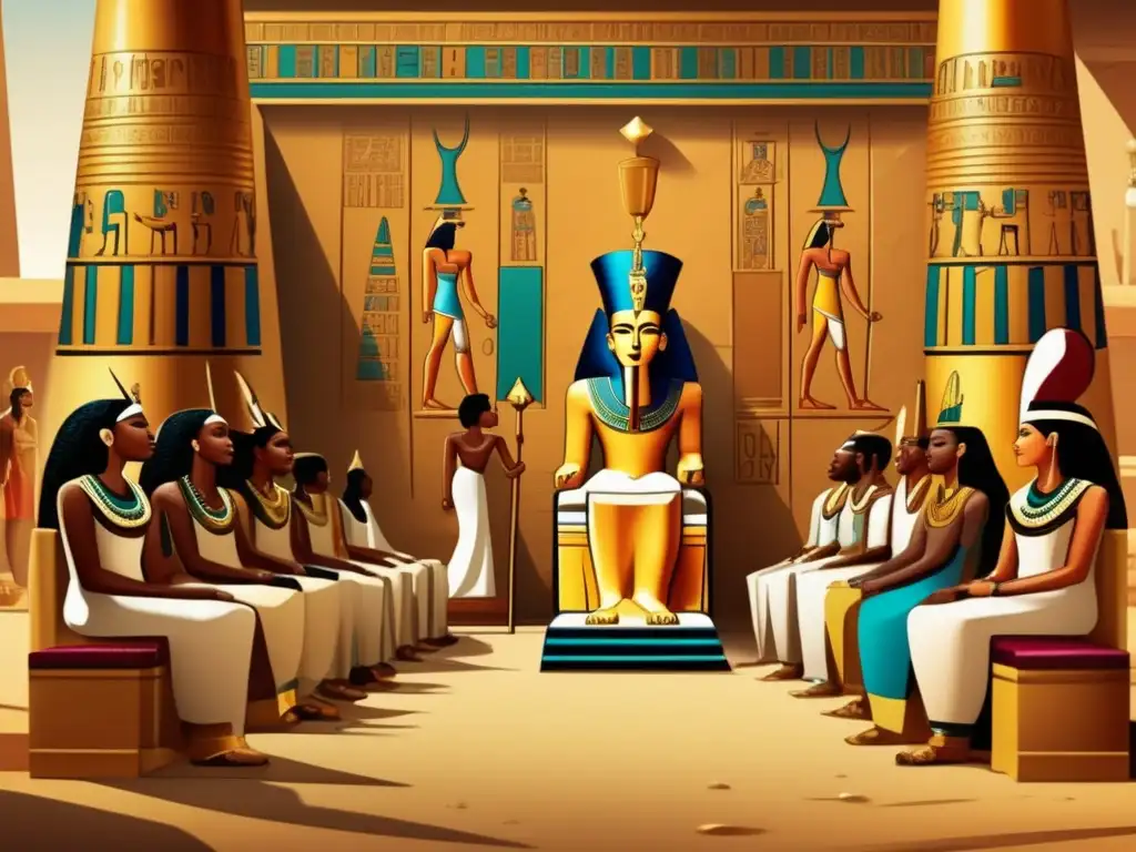 Una imagen de alta resolución estilo vintage que muestra la corte real del antiguo Egipto durante la influencia nubia en la dinastía XXV
