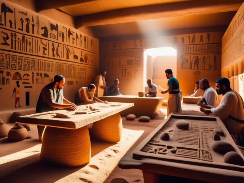 Una imagen de alta resolución que muestra el interior de un taller antiguo egipcio, lleno de actividad y avances tecnológicos innovadores