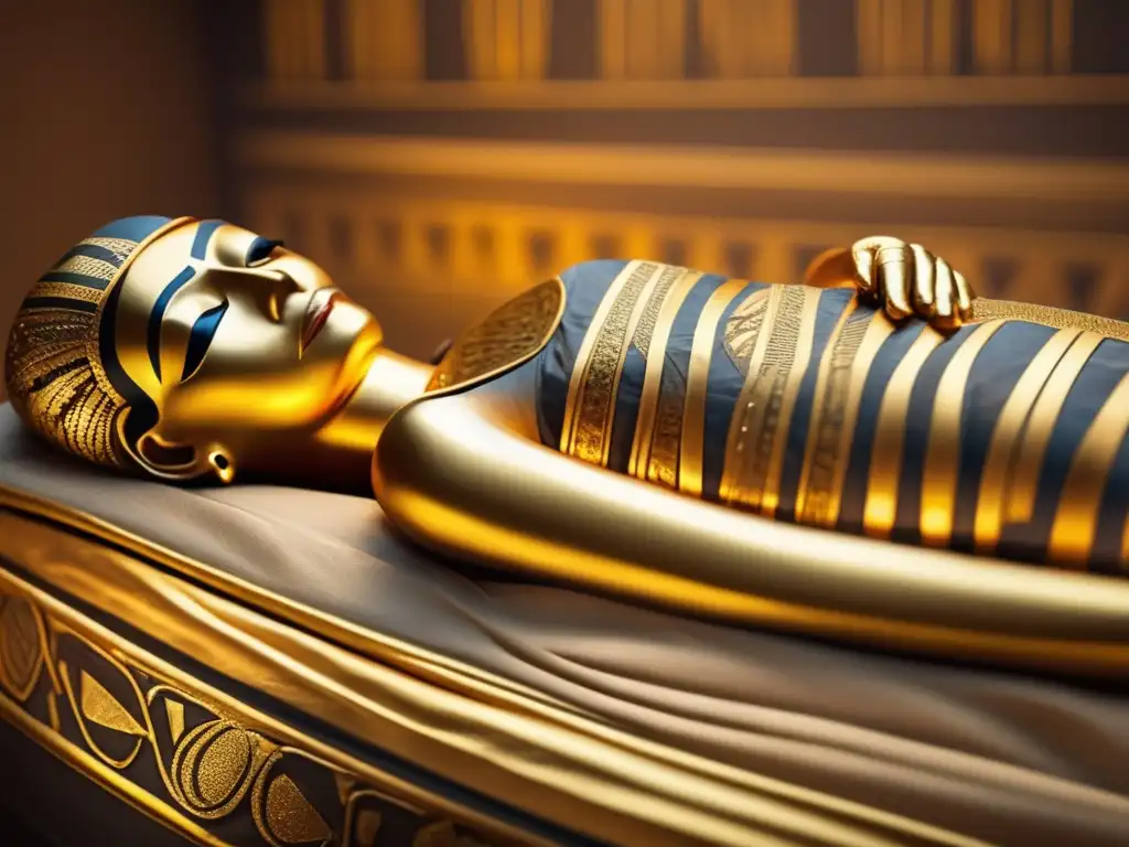 Una imagen en alta resolución de una momia egipcia bien conservada descansando sobre un sarcófago dorado