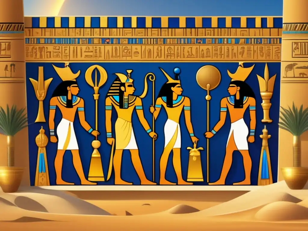 Una imagen en alta resolución de un mural en un antiguo templo egipcio que muestra elementos simbólicos