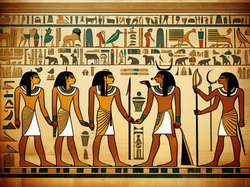 Una imagen antigua de alta resolución de una pared de un templo egipcio cubierta de intrincados jeroglíficos