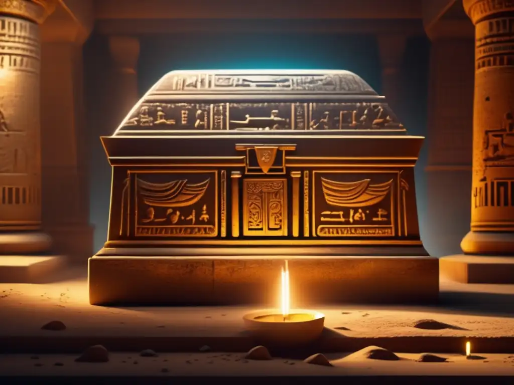 Una imagen en 8k de una antigua y tenue tumba iluminada