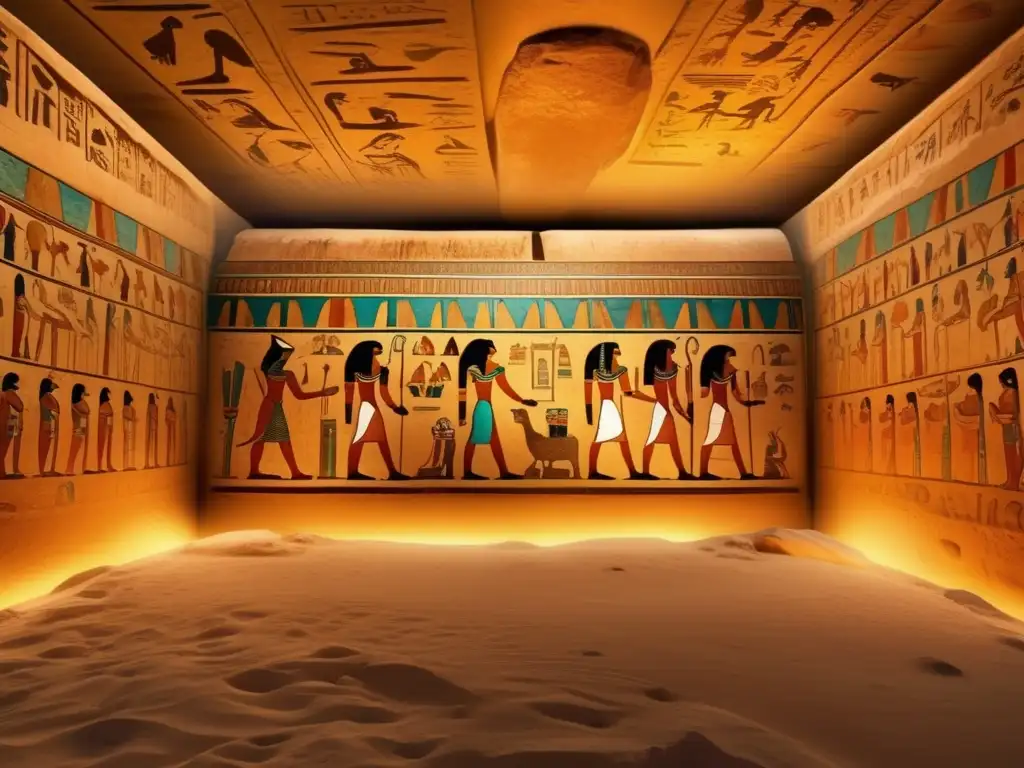 Una imagen en 8k muestra una antigua tumba egipcia, iluminada tenuemente, con frescos vibrantes