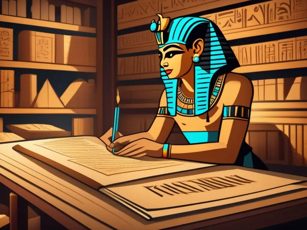 La imagen muestra un antiguo escriba egipcio trabajando en una habitación tenue, rodeado de rollos de papiro y herramientas de escritura