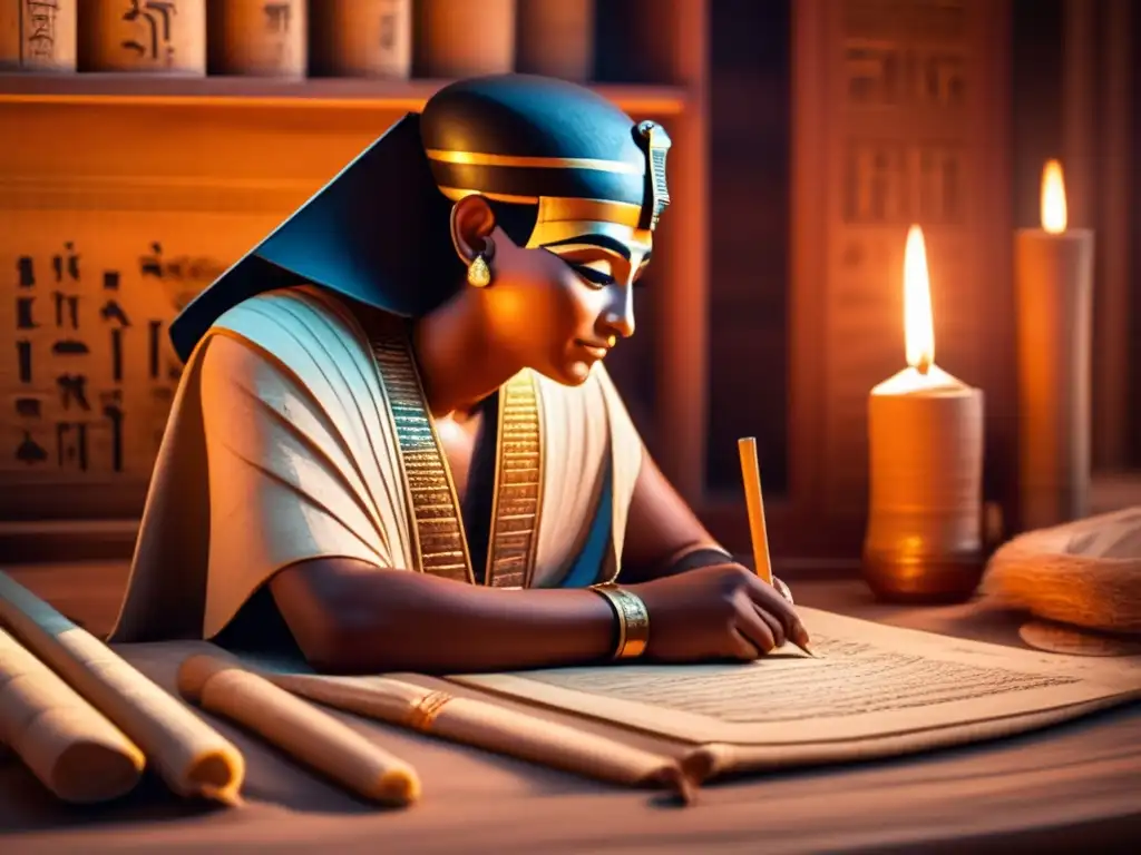 Imagen de un antiguo escriba egipcio inmerso en su trabajo, rodeado de pergaminos y herramientas de escritura