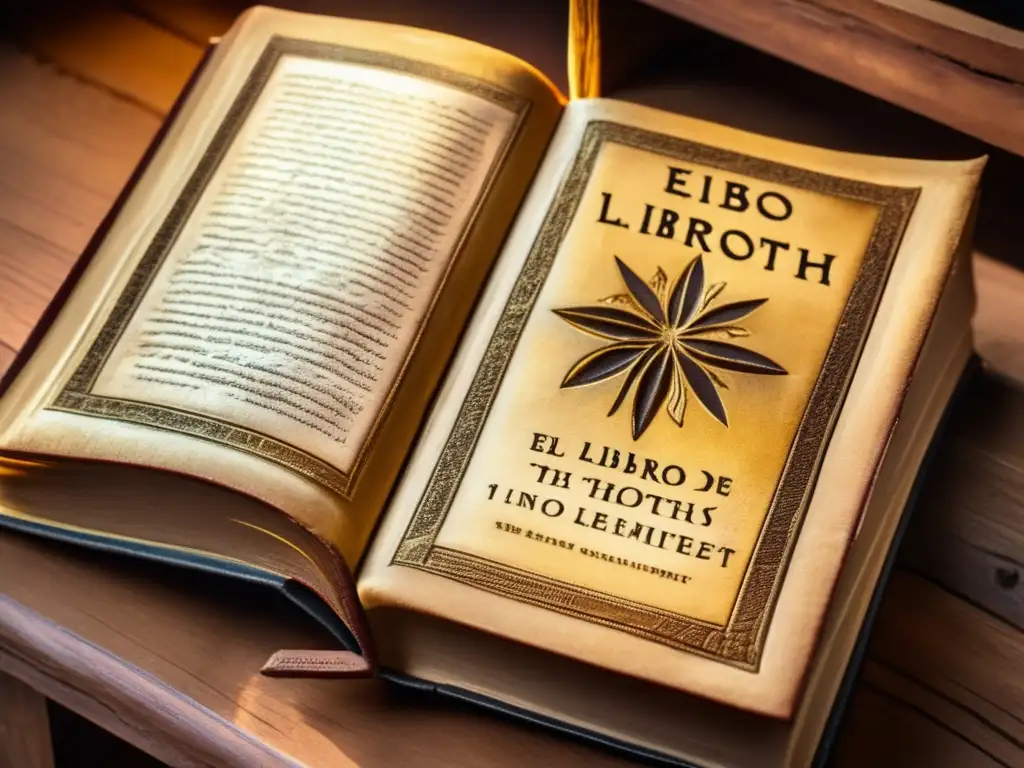 El Libro de Thoth: Un viaje hacia la sabiduría eterna Una imagen del antiguo libro desgastado 'El Libro de Thoth' en una mesa de madera bañada en suave luz cálida