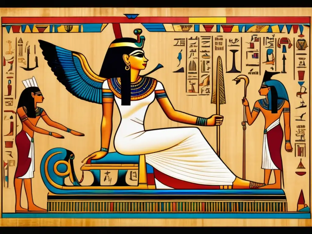 Imagen 8k de un antiguo papiro egipcio que muestra a Maat, diosa de la verdad y la justicia, en su trono