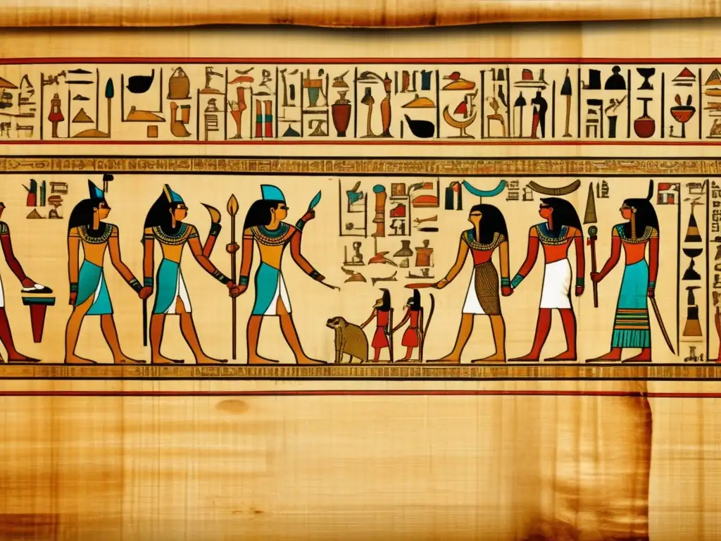 Una imagen en 8k de un antiguo papiro egipcio bien conservado, con inscripciones jeroglíficas e ilustraciones detalladas