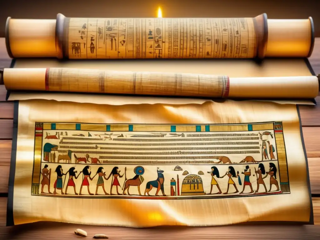 Imagen antiguo pergamino egipcio desplegado en mesa de madera