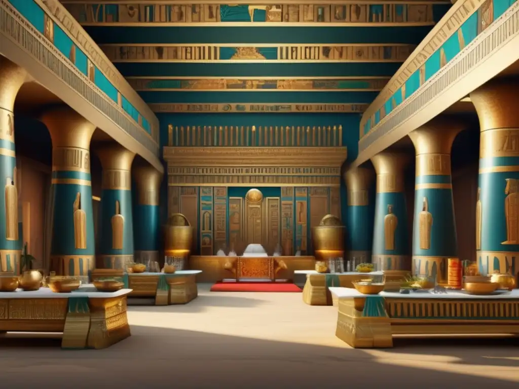 Una imagen de un banquete egipcio lujoso y sagrado con ofrendas alimenticias en la religión egipcia