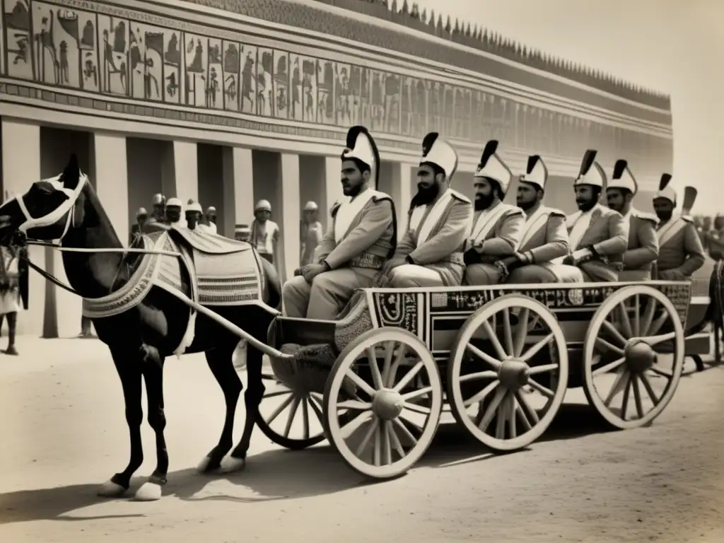 Imagen en blanco y negro de soldados egipcios junto a carros de guerra, símbolos de poder en el ejército egipcio antiguo