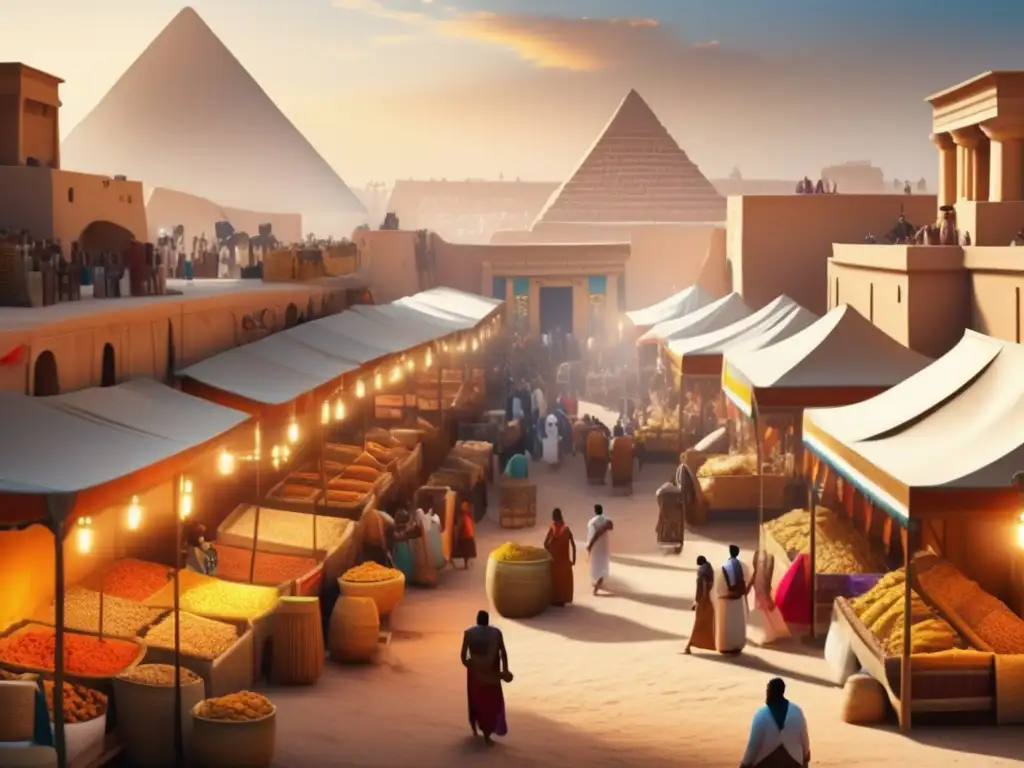 Una imagen 8k muestra un bullicioso mercado en el Antiguo Egipto, con majestuosas estructuras de piedra y deslumbrantes jeroglíficos de fondo