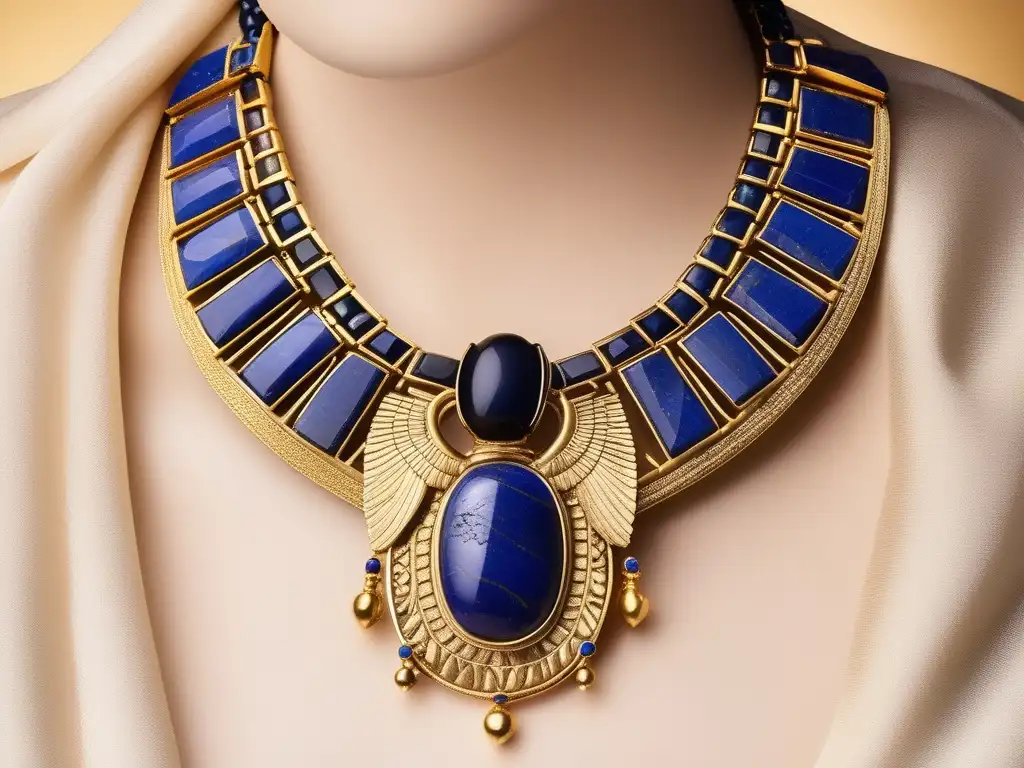 Una imagen cautivadora de una exquisita joya ceremonial egipcia, con detalles meticulosos de filigrana dorada y piedras preciosas vibrantes