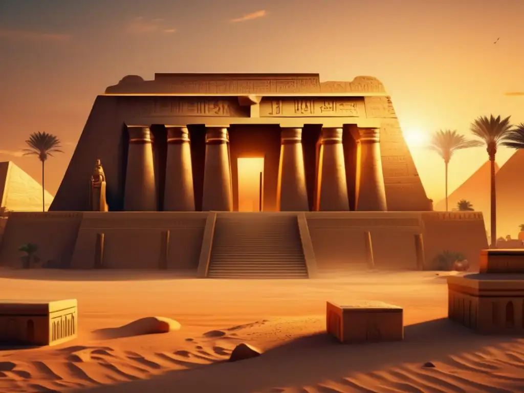 Una imagen en 8k detalla un complejo de templos en el antiguo Egipto al atardecer