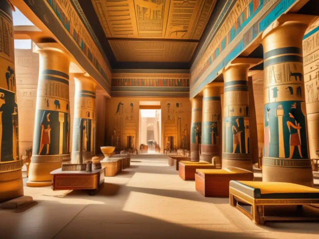 Una imagen deslumbrante que muestra el interior de un lujoso palacio egipcio antiguo