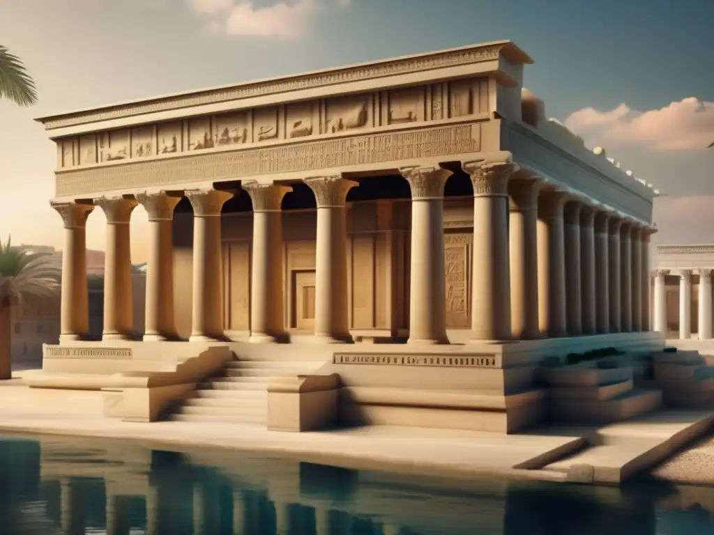 Una imagen detallada del Serapeum de Alejandría, templo monumental dedicado a Serapis, muestra la grandiosidad y encanto vintage