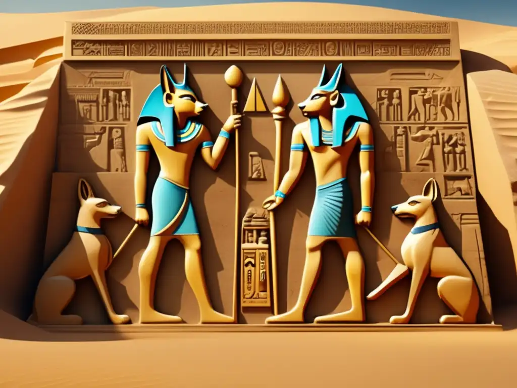 Una imagen detallada en alta resolución muestra un relieve de piedra tallado con esmero en el desierto soleado de Egipto