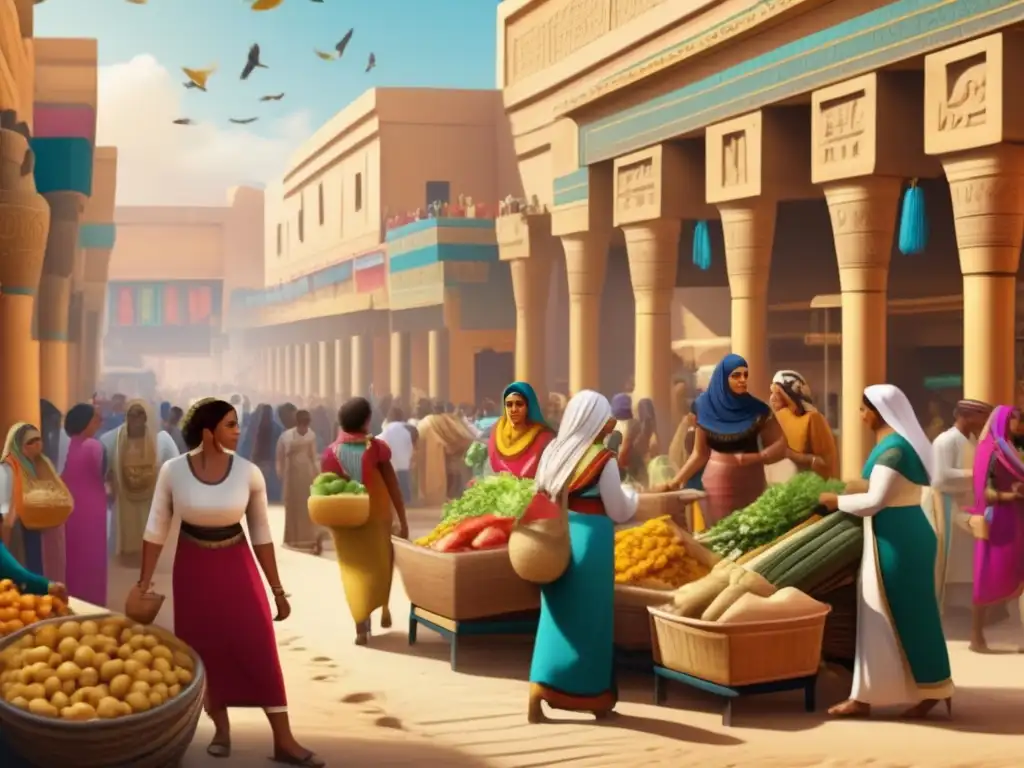 Una imagen detallada de un animado mercado en el antiguo Egipto, destacando los roles de género y la independencia económica de las mujeres