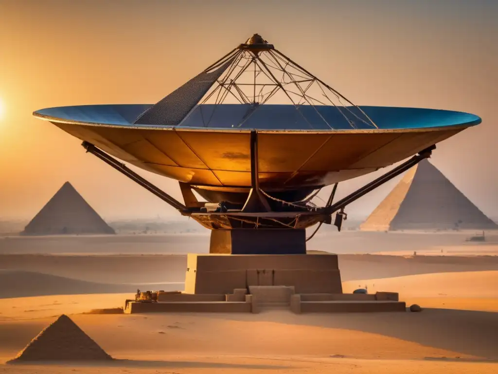 Una imagen detallada de una antigua antena parabólica en el desierto con las Pirámides de Giza de fondo