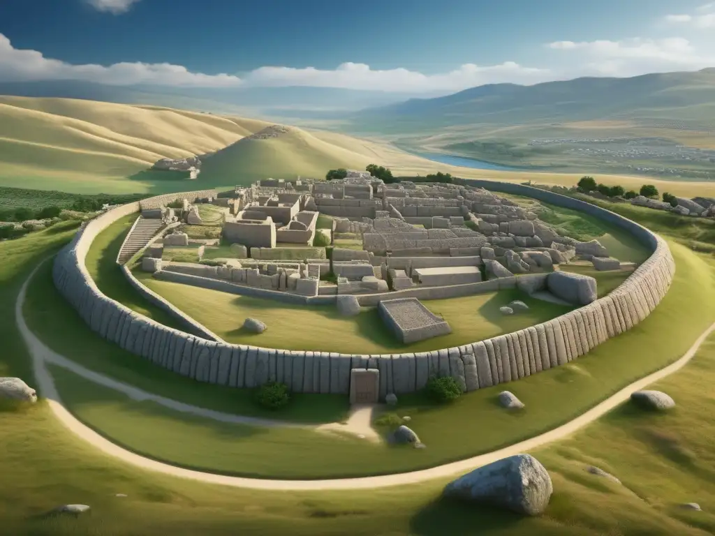 Una imagen detallada de la antigua ciudad de Hattusa, capital del Imperio Hitita, rodeada de colinas