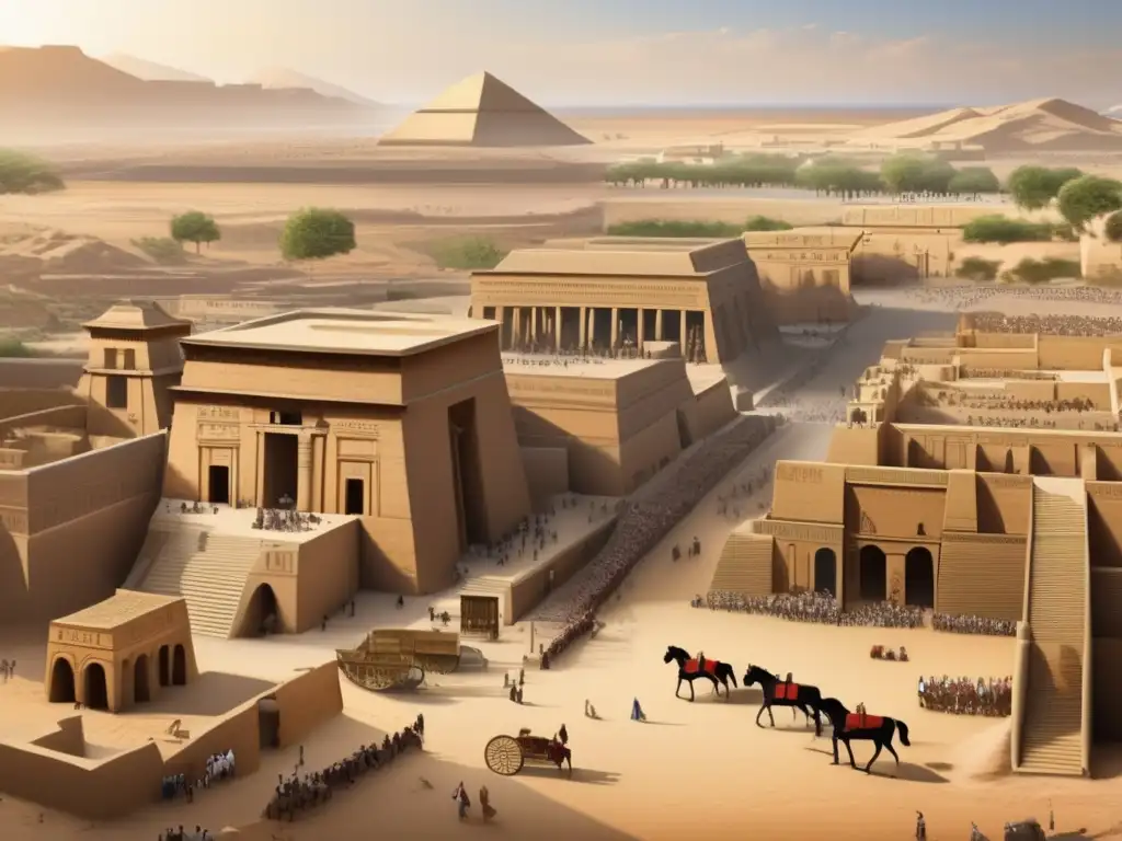 Una imagen detallada de la antigua ciudad de Tebas en el antiguo Egipto, revelando la impresionante infraestructura urbana de la época
