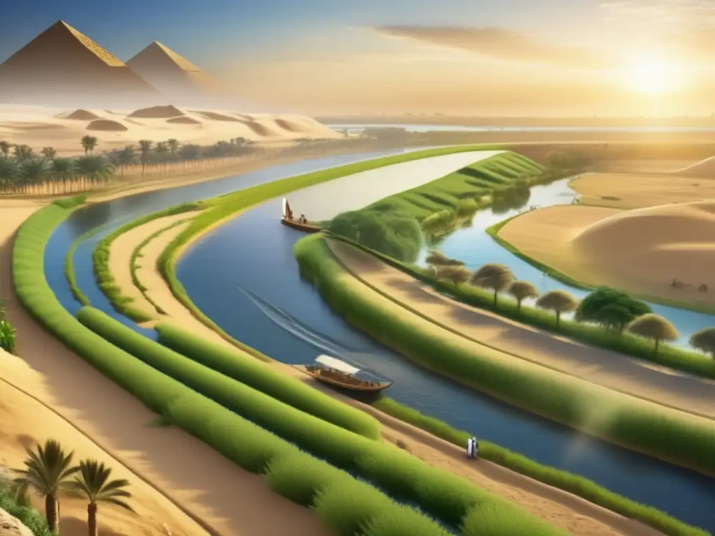 Una imagen detallada de la antigua civilización egipcia a lo largo de las orillas del río Nilo