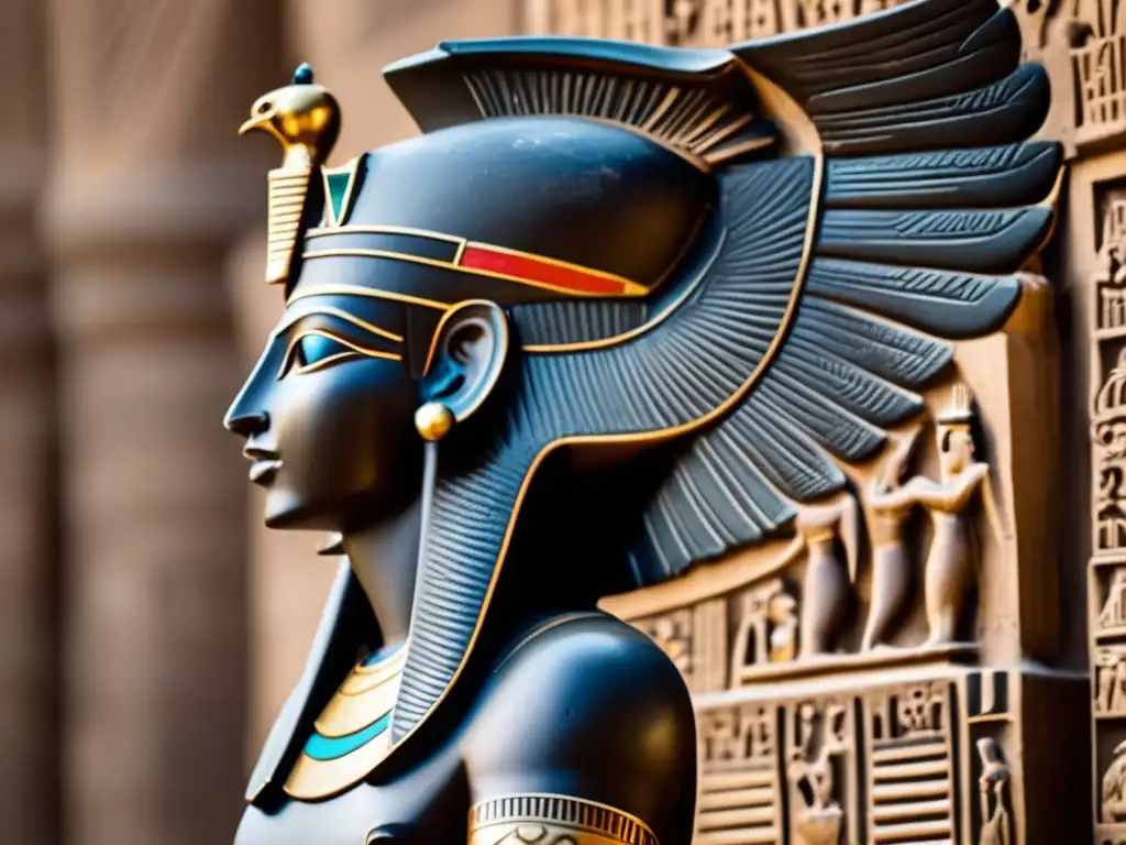 Imagen detallada de una antigua escultura egipcia del dios Horus, con cabeza de halcón y cuerpo humano