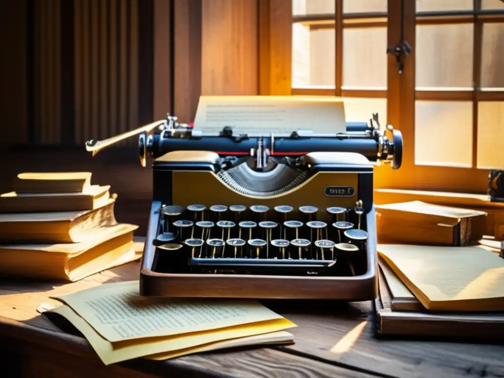 Una imagen detallada de una antigua máquina de escribir descansa sobre un escritorio de madera envejecida, rodeada de montones de papeles amarillentos y plumas manchadas de tinta