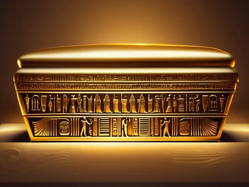 Una imagen detallada de una antigua sarcófago egipcio dorado, adornado con jeroglíficos intrincados y tallados detallados