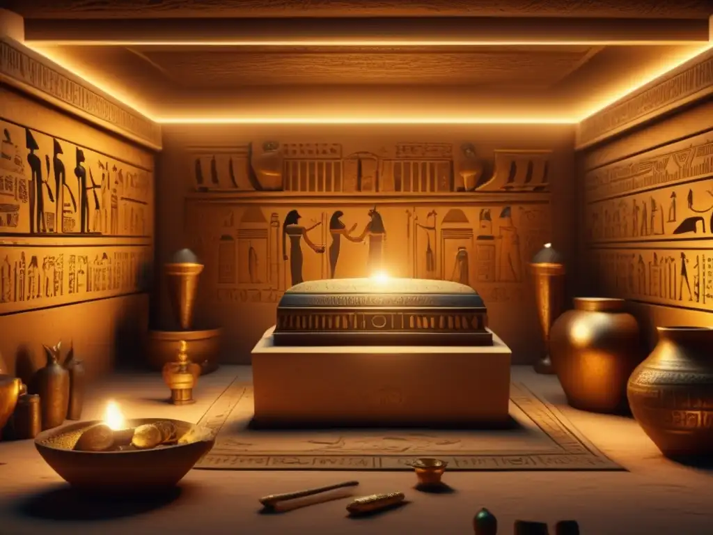 Una imagen en 8k detallada de una antigua tumba egipcia llena de pertenencias personales y artefactos