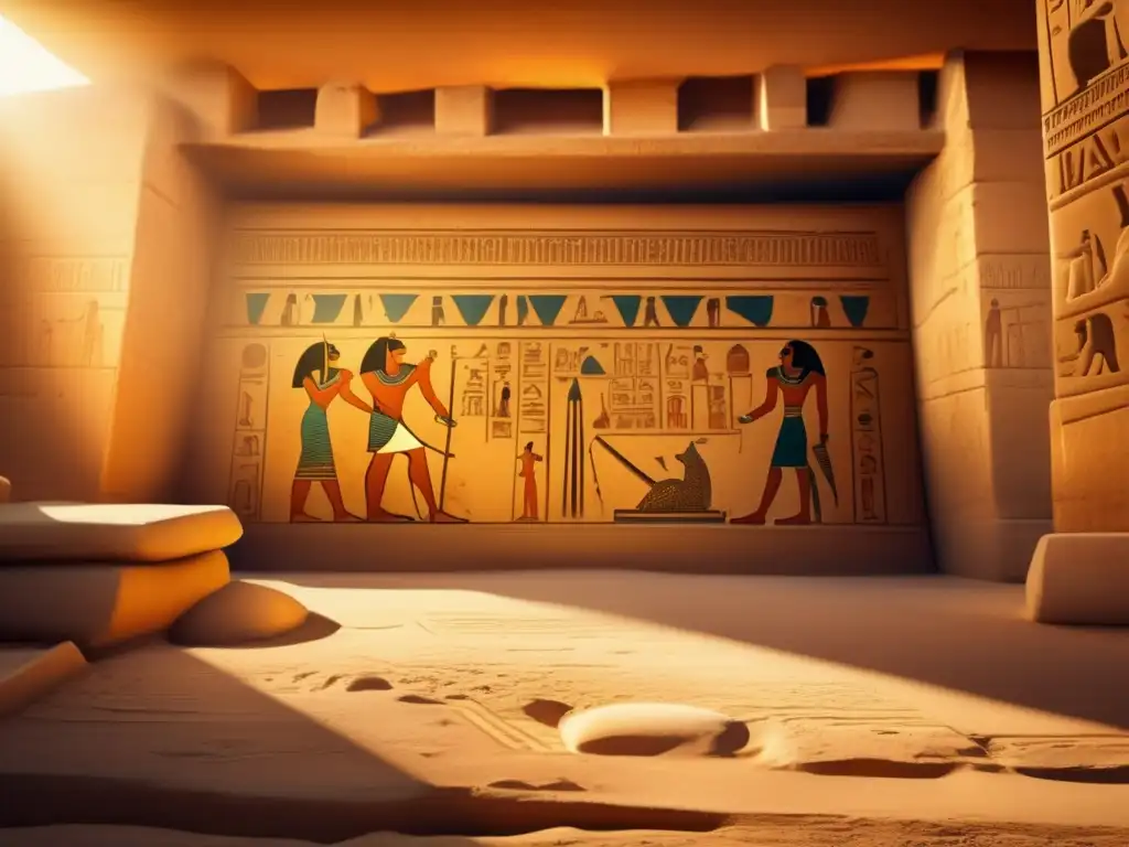 Una imagen detallada de una antigua tumba egipcia, bañada en cálida luz dorada, ilustra perfectamente las medidas de protección en las tumbas egipcias