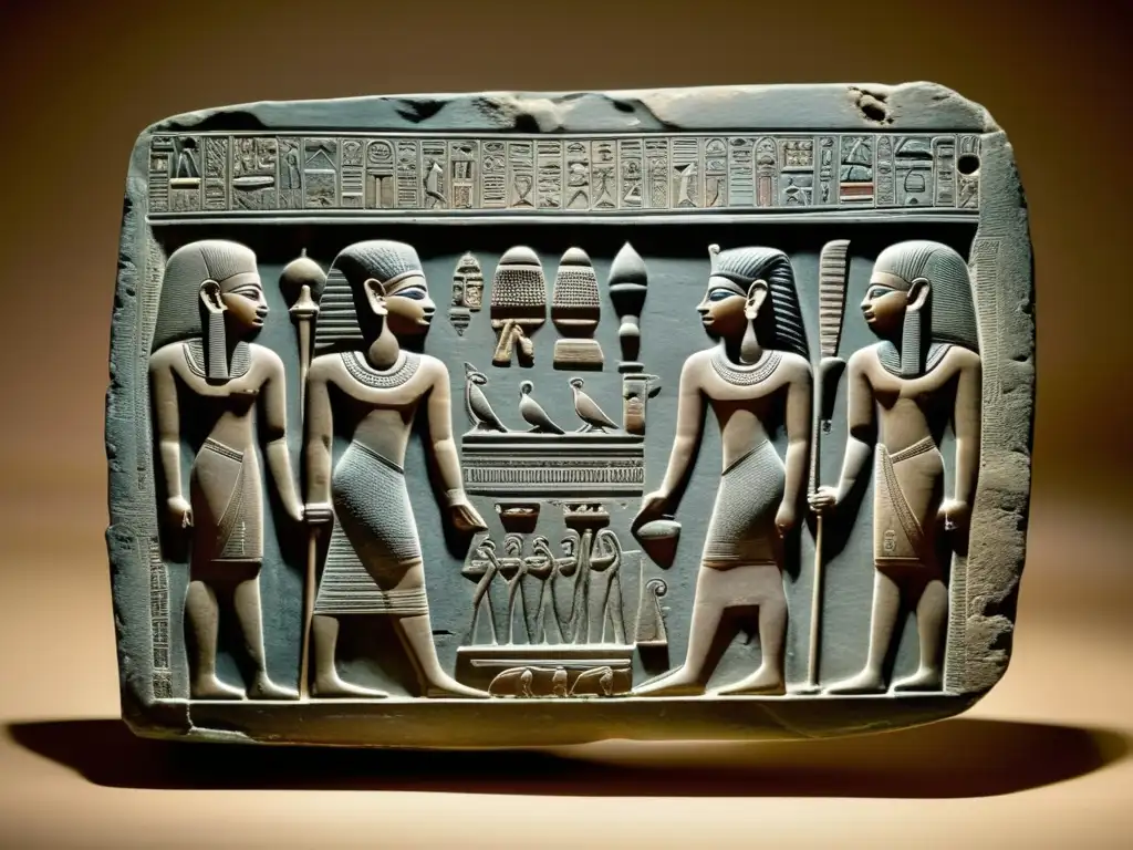 Una imagen detallada de un antiguo artefacto egipcio predinástico conocido como la 'Paleta de Narmer', tallada meticulosamente en piedra y con escenas intrincadas de iconografía y simbolismo egipcio
