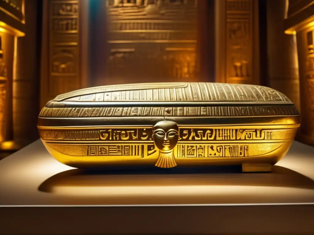 Una imagen detallada de un antiguo artefacto egipcio, un sarcófago dorado, se muestra en un museo tenue