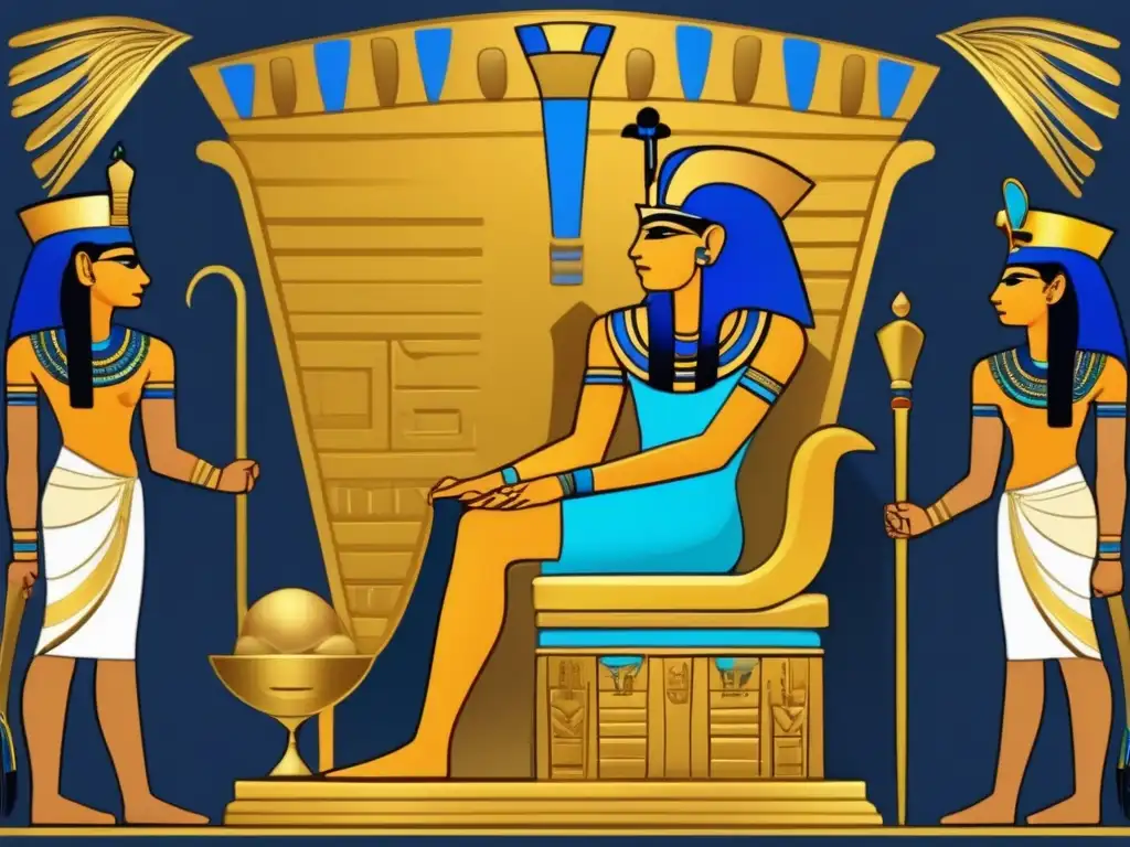 Imagen detallada de un antiguo faraón egipcio sentado en un trono dorado, rodeado de su corte real