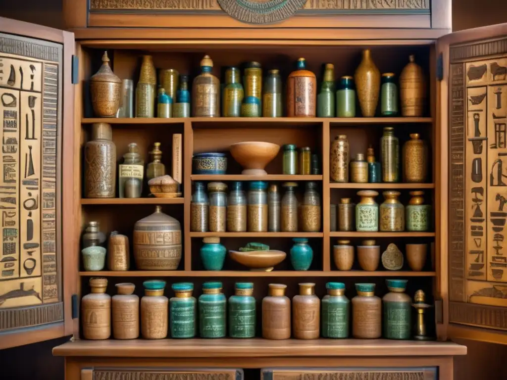 Una imagen detallada de un antiguo gabinete de medicina egipcio, tallado en madera ornamental y decorado con intrincados grabados