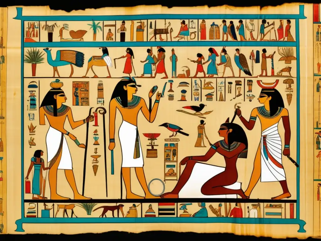 Imagen detallada de un antiguo papiro egipcio que muestra escenas relacionadas con el tratamiento de la lepra en Egipto