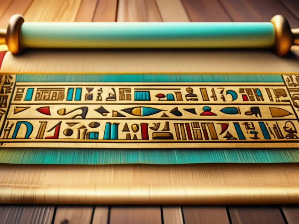 Una imagen detallada en 8K muestra un antiguo papiro desenrollado sobre una mesa de madera