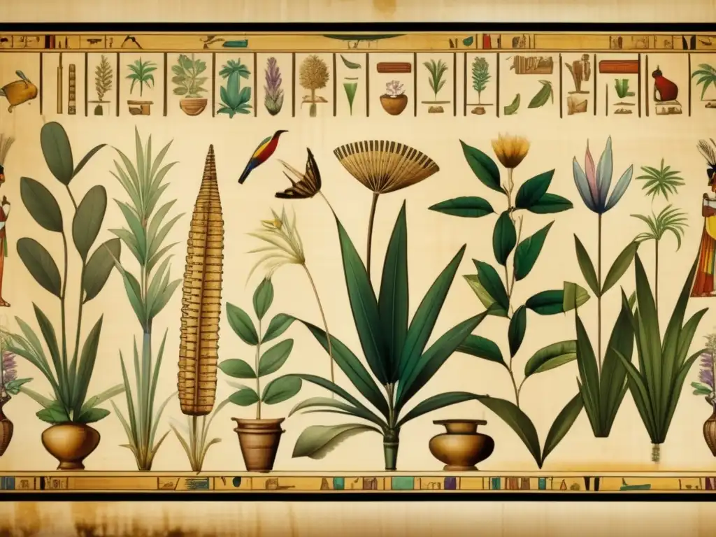 Una imagen 8k detallada de un antiguo papiro egipcio que muestra plantas medicinales del Antiguo Egipto