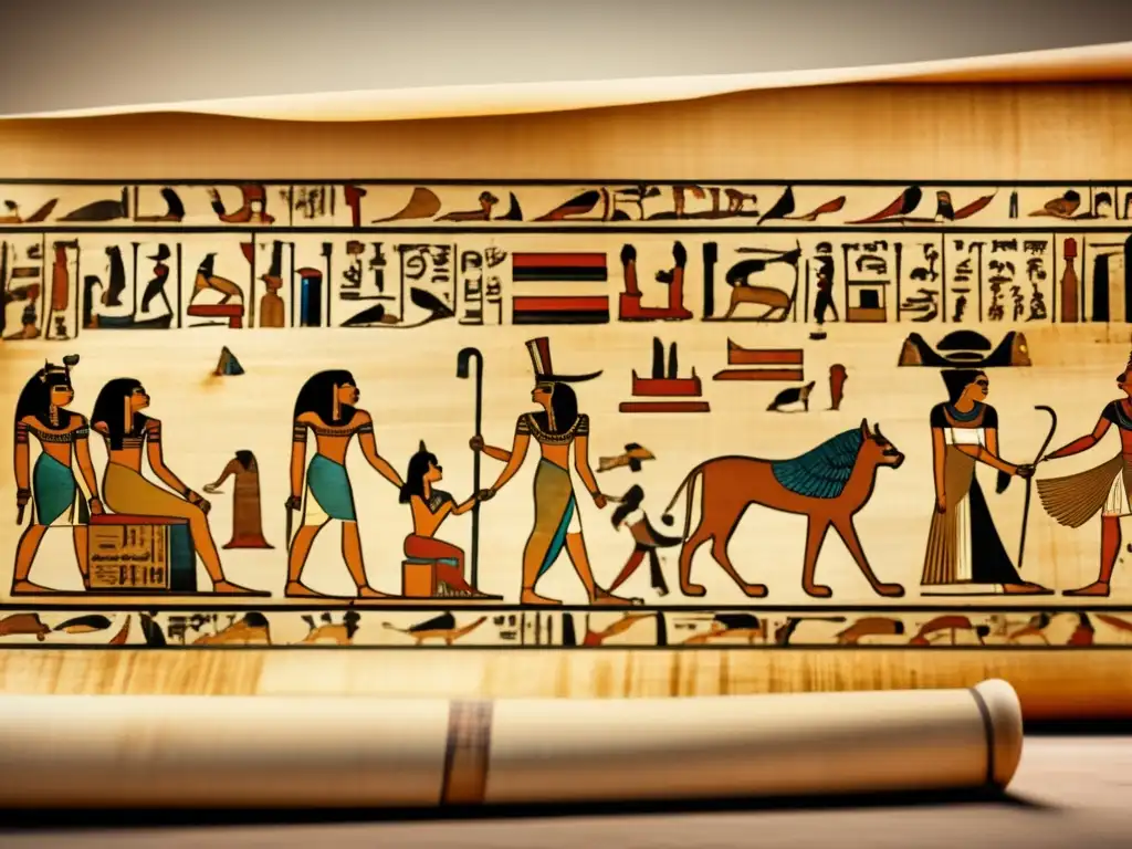 Imagen 8k detallada de un antiguo papiro egipcio del Primer Periodo Intermedio, desgastado por el tiempo