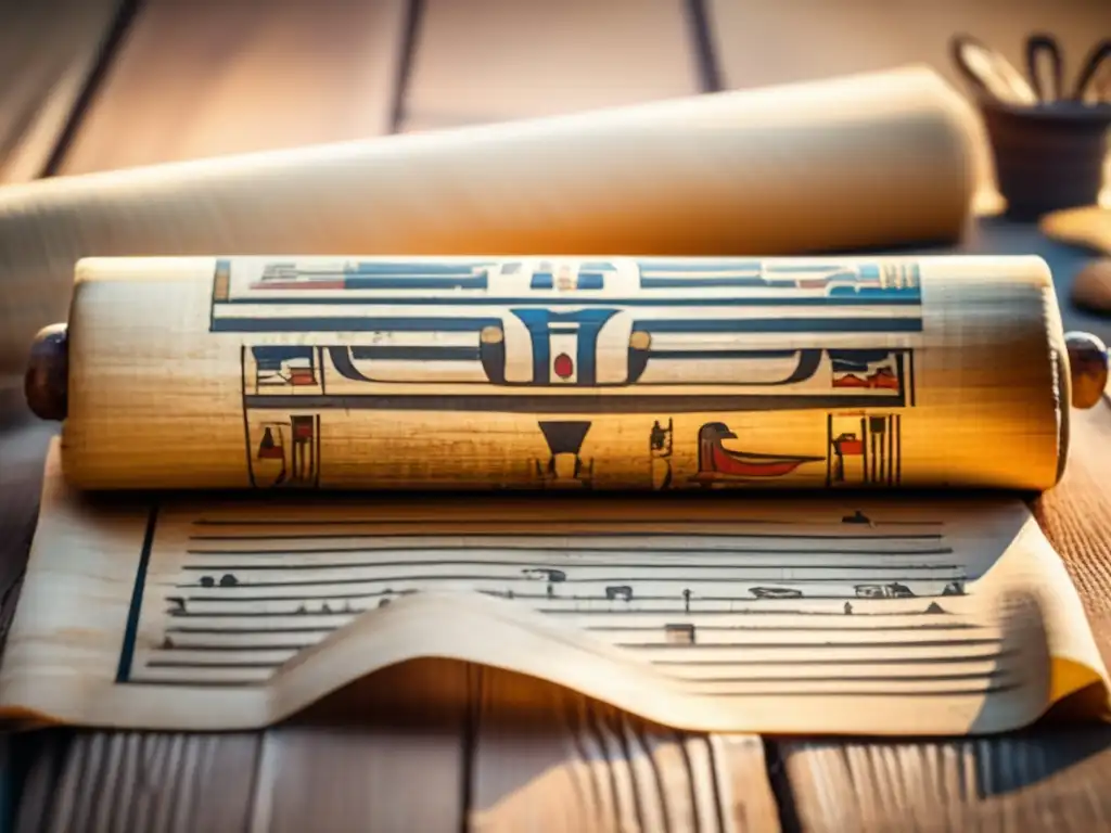 Una imagen 8k detallada muestra un antiguo papiro egipcio desplegado en una mesa de madera envejecida