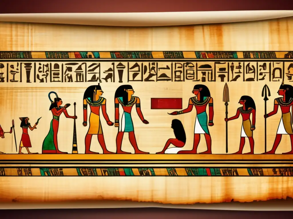 Una imagen 8k detallada de un antiguo papiro egipcio, desenrollado con delicadeza, revelando intrincadas inscripciones jeroglíficas